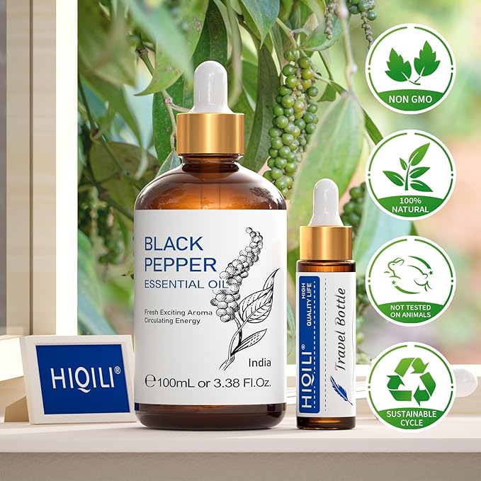 HIQILI Black Pepper Essential Oil for Aromatherapy & Diffuser - Natural Spicy & Warming Scent - Therapeutic Grade - 3.38 Fl Oz