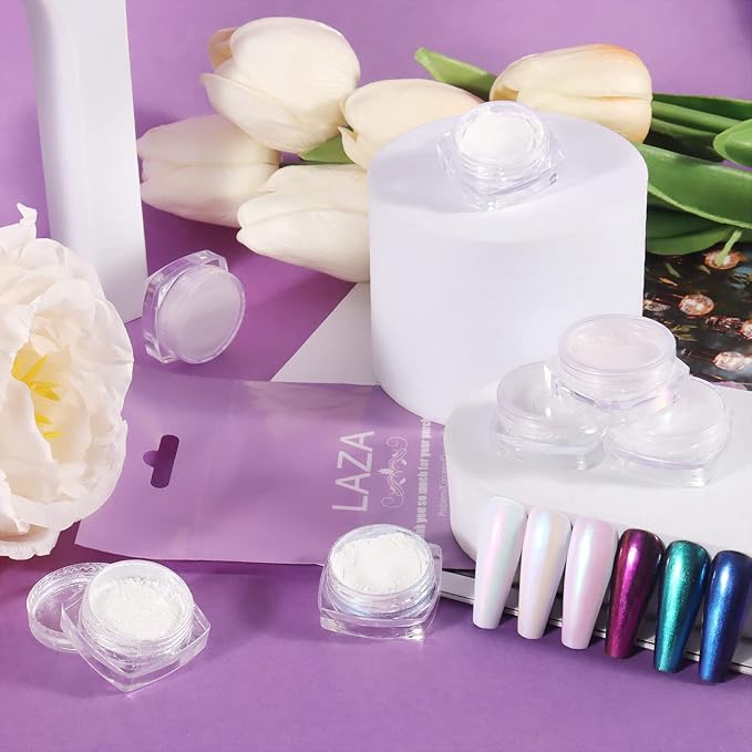 Laza White Pearl Chrome Nail Powder, 8 Colors Metallic Mirror Effect Pigment, Ice Transparent Aurora Nail Glitter Dust Kit for Gel Nail Art Decoration, Resin Craft, Gifts - Colorful White