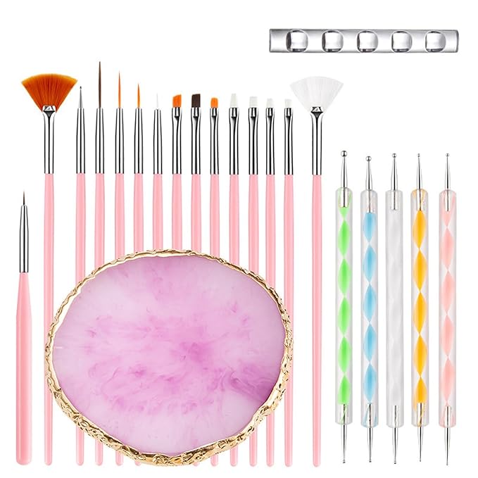 Nail Art Tools 22-piece Set, Resin Nail Art Palette, 2-way Acrylic Silicone Engraving Pen Dotting Pen Tools Nail Art Kit for Nail Art DIY Home Salon Makeup Display Board, pink