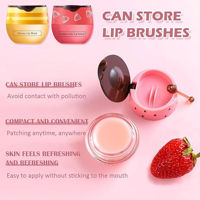 2 PCS Bee Lip Balm Honey Pot, Strawberry & Watermelon Lip Sleeping Masks Overnight, Hydrating Prevention Dry and Cracked Lip Scrubs Exfoliator Lip Care, Reduces Lip Lines
