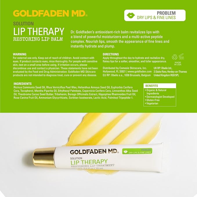 Goldfaden MD Lip Therapy | Restoring Lip Treatment | w/Peptides, Hyaluronic Acid, Fruit Berry Wax, Borage Oil, Rose Hip Oil & Vitamin E | Nourishes, Hydrates & Plumps Appearance 0.14 ﬂ oz / 4 mL