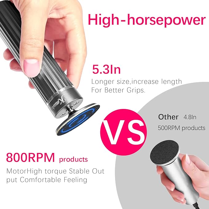 5.3'' Electric Foot Callus Remover with 80pcs Sandpaper Discs & Brush, Professional Aluminum Ergonomic Pedicure Tool, Stepless Speed & Reverse Control for Dead Skin Removal (Grey)