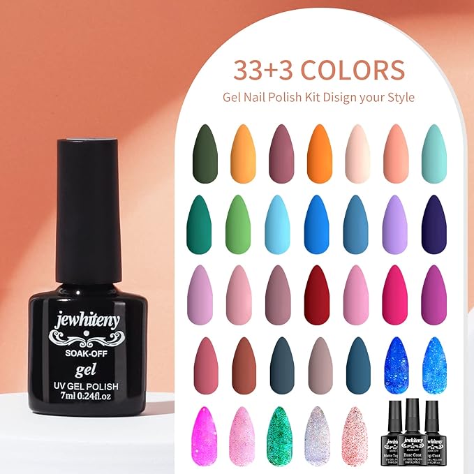 JEWHITENY Gel Nail Polish Kit, 36 Pcs 7ML Soak Off Gel Polish Set Pink Blue Green Yellow Gel Nail Kit Glitter Nail Art Starter Kit Beauty Gifts