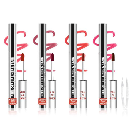 4pcs Lip Stain Peel Off - Lip Liner Stain Long Lasting Waterproof with Tweezer,2-in-1 Lip Liner Matte,Natural Finish,Non-Stick Cup,Stay On All Day,Perfect for Gift(Cocoa+Rose+Nude+Mauve)