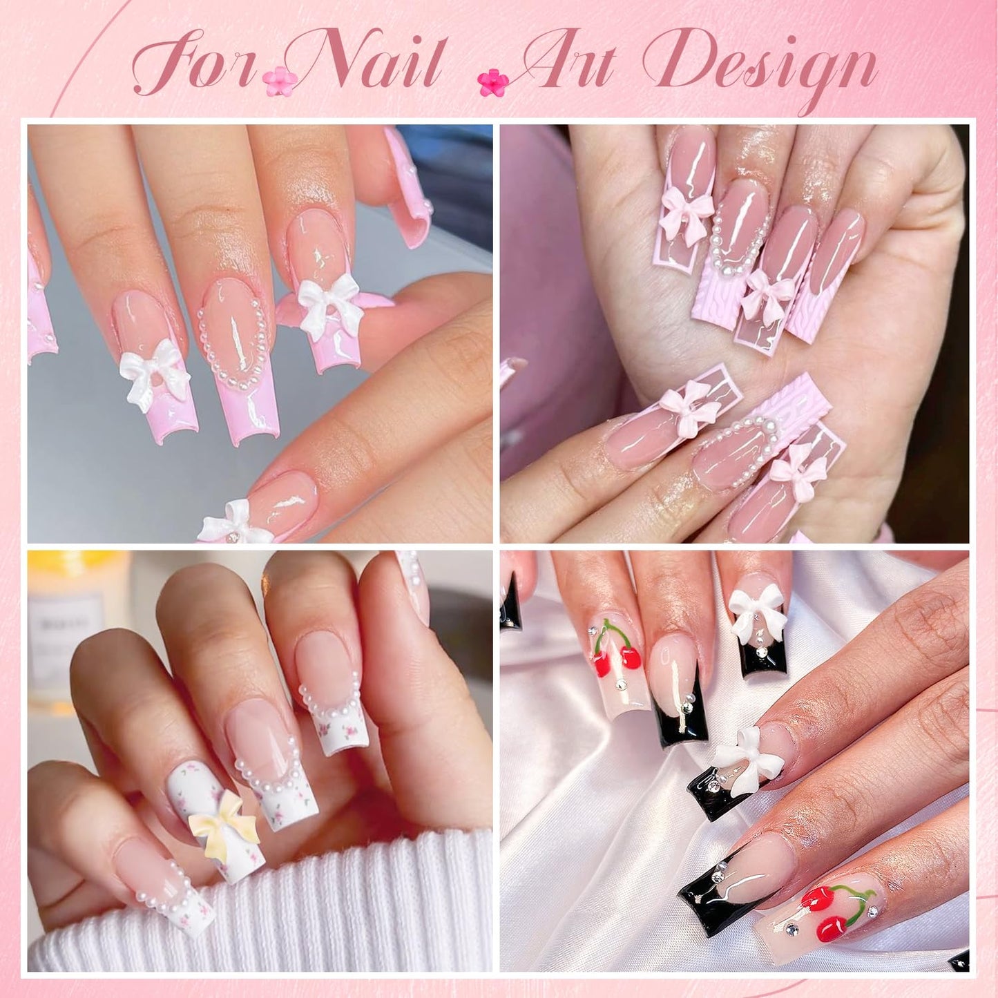 3D Nail Charms and Gems Set 6 with Rhinestone Glue, 75PCS Chunky Coquette Pink & White Bow Nail Charms + Kawaii Cute 3D Flowers for Nails + Clear & AB Glass Crystals + Flat Pearls for Y2K Nail Decor