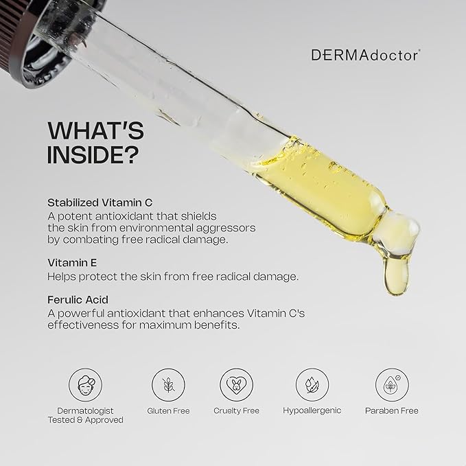 DERMAdoctor Vitamin C Face Serum 20% Vitamin C, Vitamin-E, Ferulic Acid, Ascorbic Acid Concentrated Dermatologist-Formulated Anti-Aging, Hydrating & Discoloration Correcting Serum for Face -1.0 fl oz