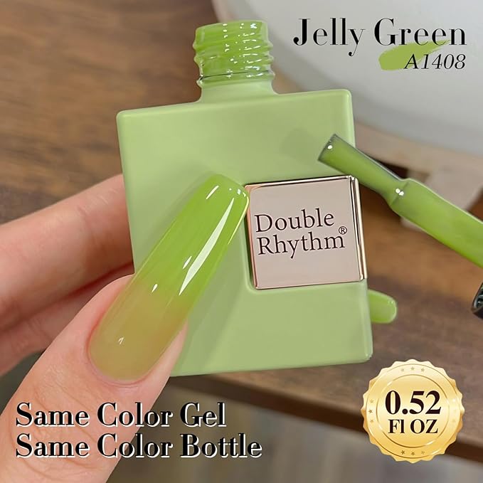 Double Rhythm Translucent Gel Polish Sheer Neutral Natural Light Milky Same Color Same Bottle 15ML Jelly Nail Polish Nail Art DIY at Home (Green-A1408)