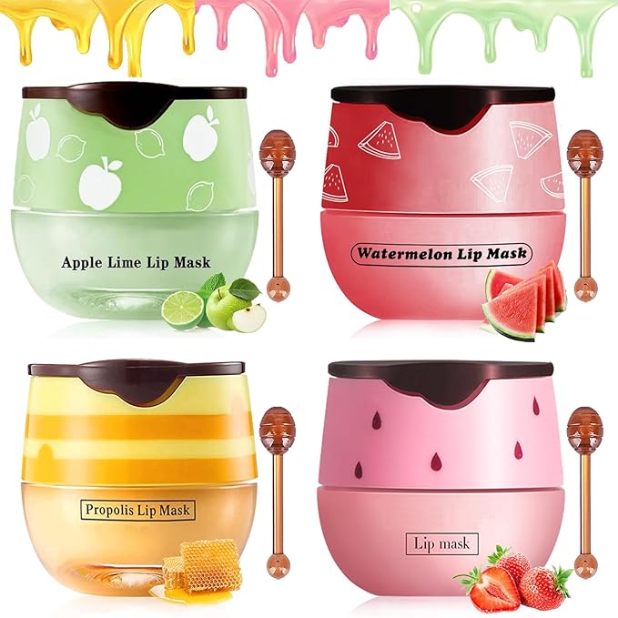 4 PCS Bee Lip Balm Lip Mask Honey Pot, Honey & Strawberry & Watermelon & Apple Lime Lip Mask Overnight Propolis Moisturizing Lip Balm with Stick, Hydrating Lip Sleeping Mask Prevention Dry & Cracked
