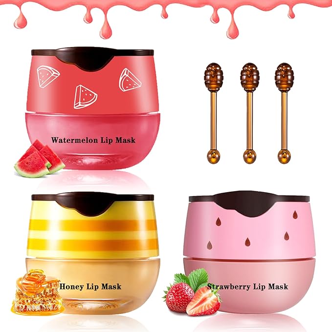 3PCS Bee Lip Balm Honey Pot Honey Strawberry Watermelon Lip Balm Sleeping Lip Mask Silky Hydrating Bee Lip Balm Honey Lip Mask Overnight Lip Care Products(Honey+Strawberry+Watermelon)
