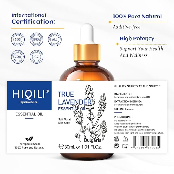 HIQILI Lavender Essential Oil for Diffusers, Aromatherapy, Natural Relaxation, Stress Relief & Sleep Aid, Therapeutic Grade 1 Fl Oz