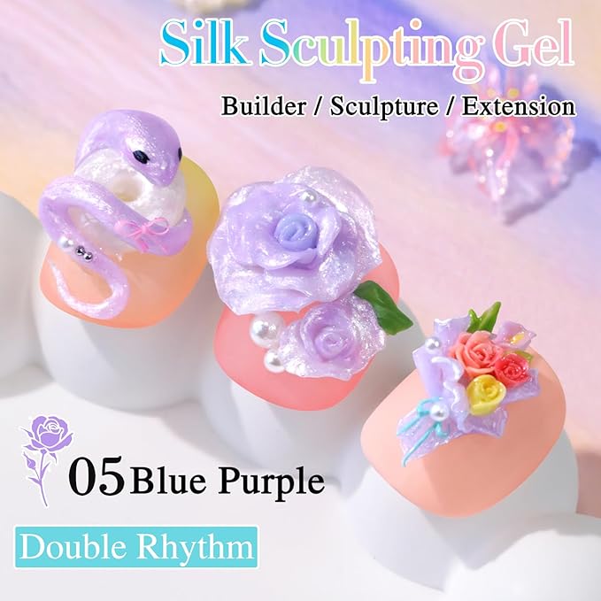 Double Rhythm 3D Nail Gel Pearl Solid Sculpting for Nail Art Non-Sticky Hard for Building Carving Molding Extension Soak Off UV/LED Nail Art Salon Home DIY 0.5 Oz (Purple-Silk 05)