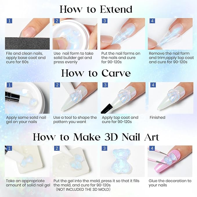 MIZHSE Non-Sticky Solid Builder Gel, Aurora Blue and Clear Sculpting Gel for Nails, Mermaid Pearl Building Carving Modeling Hard Extension 3D Nail Art Salon Home DIY