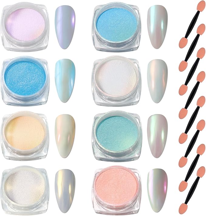 Laza Mermaid Pearl Chrome Nail Powder, 8 Colors Metallic Mirror Effect Pigment, Iridescent Aurora Nail Glitter Dust Kit for Gel Nail Art Decoration, Resin Craft, Gifts - Sweet Candy