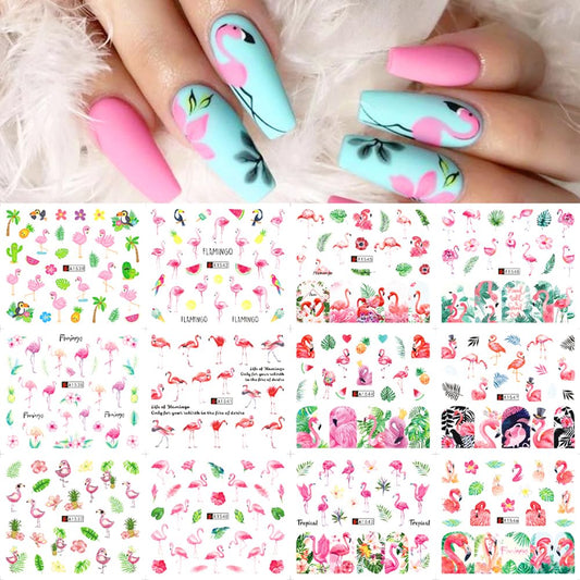 12 Sheet Flamingo Nail Art Stickers Cute Flamingo Green Leaf Design Water Transfer Nail Decals Summer Nail Art Decorations Waterproof Acrylic Nail Stickers for Women DIY Manicure Tips