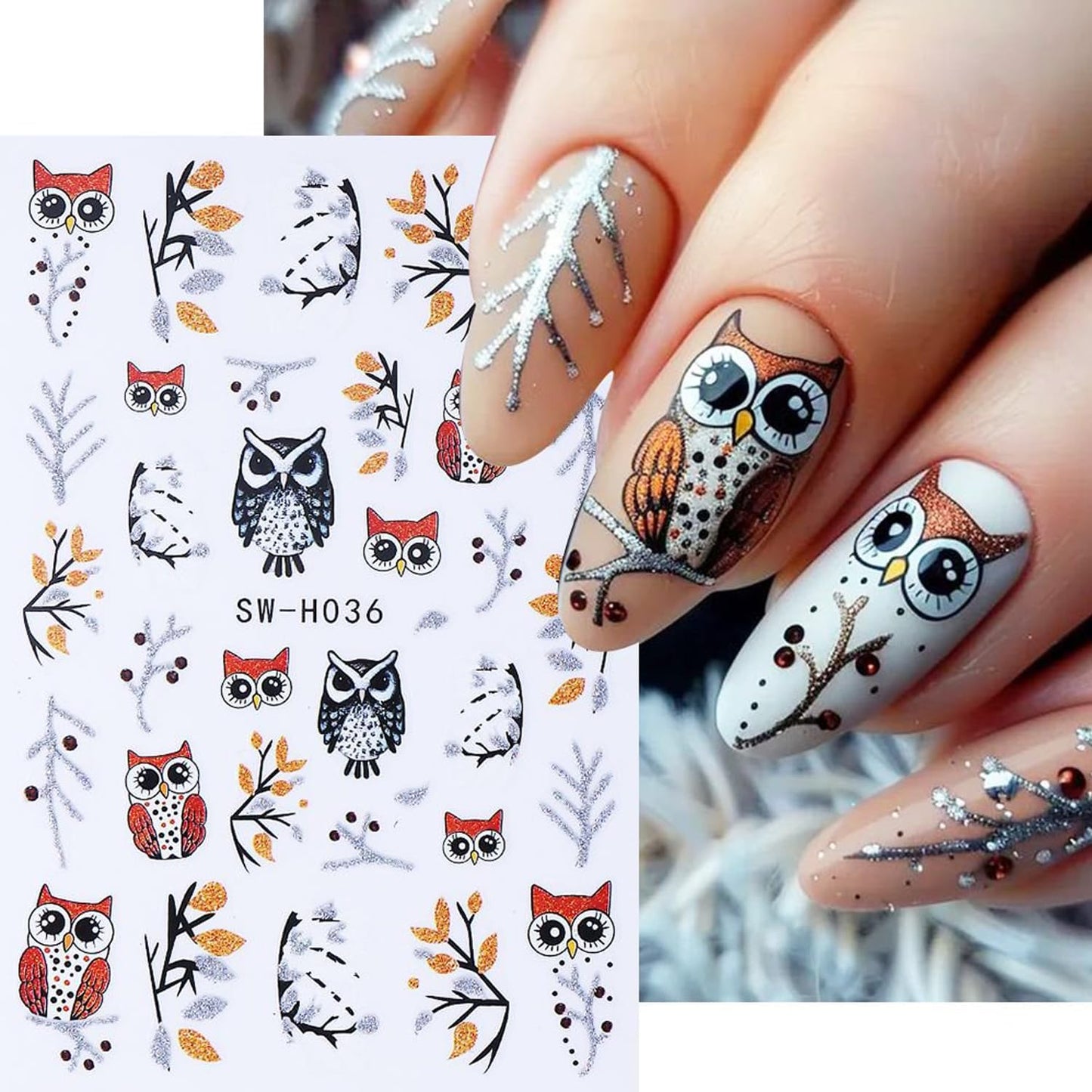 4pcs Christmas Nails Stickers Silver Glitter Leaves Line Owl Nail Art Design 3D Self-Adhesive Nail Decals Xmas Nail Sticker DIY Autumn Winter Manicure Art Supplies Decoration Accessories