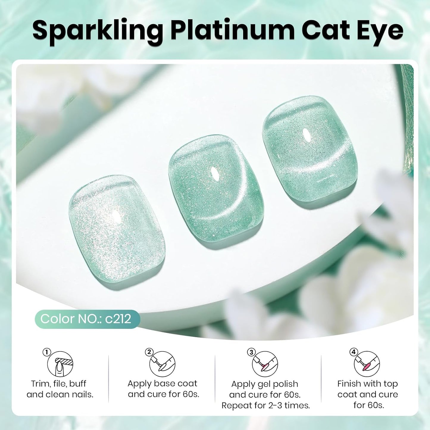 Beetles Green Cat Eye Gel Polish, 15ML Mint Green Cat Eye Glitter Gel Polish with Magnet Soak Off UV Shimmer Velvet Gel Mint Stardust Series French Nail Art Design Manicure Gifts for Women