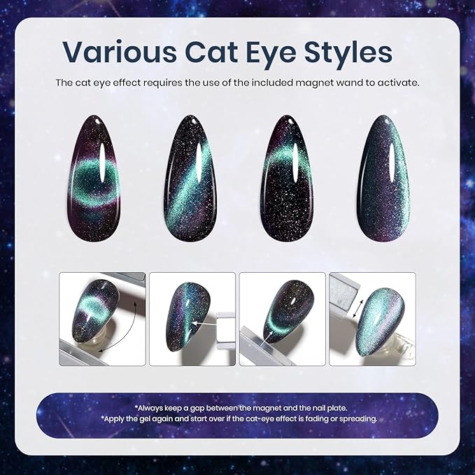 Beetles Cat Eye Gel Polish - Milky Way 6 Colors Gel Polish Set, Black Purple Blue Temperature Changing Glitter Nails, Halloween Galaxy Nails Kit with Magnet Stick Soak Off Uv Lamp Gel