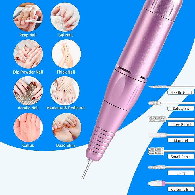Portable Nail Drill Professional 35000 RPM, MOCOWIND Rechargeable Electric Nail File Machine for Acrylic Nails Gel Polishing Removing, Cordless E-File with Bits for Manicure Salon Home, Blue & Purple