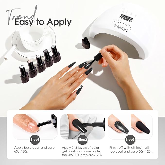 ROSALIND White Black Gel Nail Polish Set with Matte and Glitter Top Coat, 6 Colors Black Milky White Neutral Nude Grey Gel Nail Polish Soak Off Gel Nail art