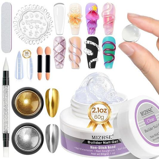 MIZHSE Solid Builder Gel for Nails, 60g Large Capacity Clear 3D Sculpting Gel for Nails Hard Gels Non-Sticky Hand Carving U V/LED Extension Gels with 3D Mold Nail Art Salon Home DIY