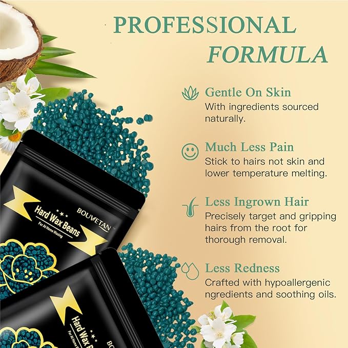 Hard Wax Beads, Bouvetan 1.3Lb/21oz Wax Beads for Brazilian Waxing, Hard Waxing Beans for Eyebrow, Face, Bikini for Women Men Hair Removal with 10pcs Spatulas, 6 Packs (Jasmine)