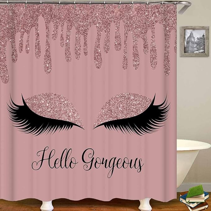4PCS Rose Gold Glitter Hello Gorgeous Shower Curtain Set, Bling Unicorn Eyelash Makeup Glam Fashion Girly Teenage Girls Women Pink Bathroom Decor, Fabric Shower Curtain, Bath Mat Toilet Rug