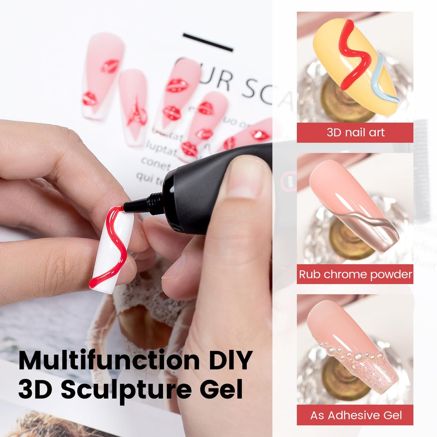 RARJSM 3D Sculpture Gel Polish for Nail Art - No Wipe Red 2 in 1 Gem Rhinestone Glue Drawing Hard Craving Sculpting Gel UV LED Curing Requires Soft Tube DIY Decoration Manicure Design