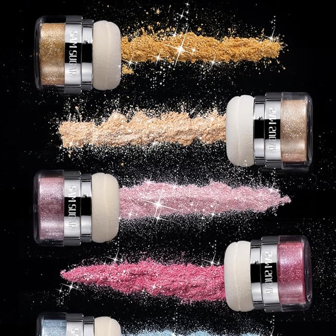 Glitter Body Highlighter Powder Body Shimmer Sparkle Face Brightening Highlighter Powder for Face Eyes Body Glow Makeup With sponge head（01#）