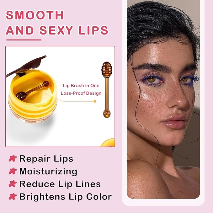 2PCS Bee Lip Balm Honey Pot Cherry Honey Lip Balm Sleeping Lip Mask Silky Hydrating Bee Lip Balm Honey Lip Mask Overnight Lip Care Products(Honey+Cherry)