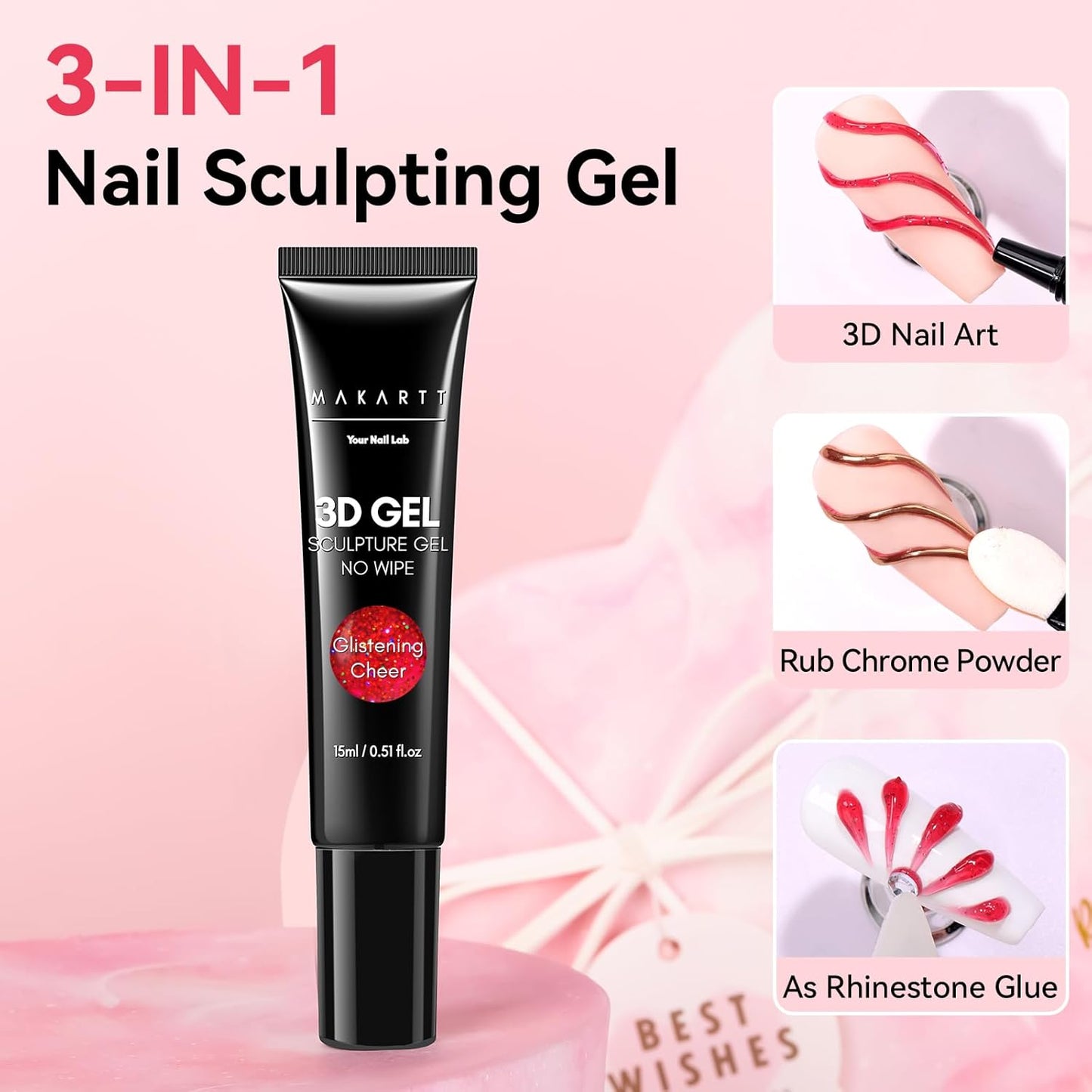 Makartt 3D Gel Nail Art: 3D Sculpting Gel for Nail Art Design 15ml 3 in 1 No Wipe Gel Polish for Drawing Carving Nails Gel, Molding Embossed Gels for Nail Decoration DIY Manicure - Glistening Cheer
