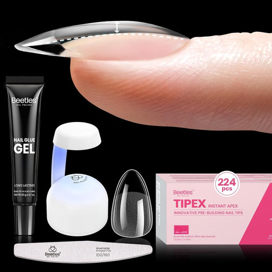 Beetles Tipex Instant Apex Nail Tips Kit, Almond Short, 224Pcs 16 Sizes, with Tipex UV Nail Glue Mini Nail Lamp,Pre-Building & Pre-Etched Thicker Acrylic Nails False Nail Extension