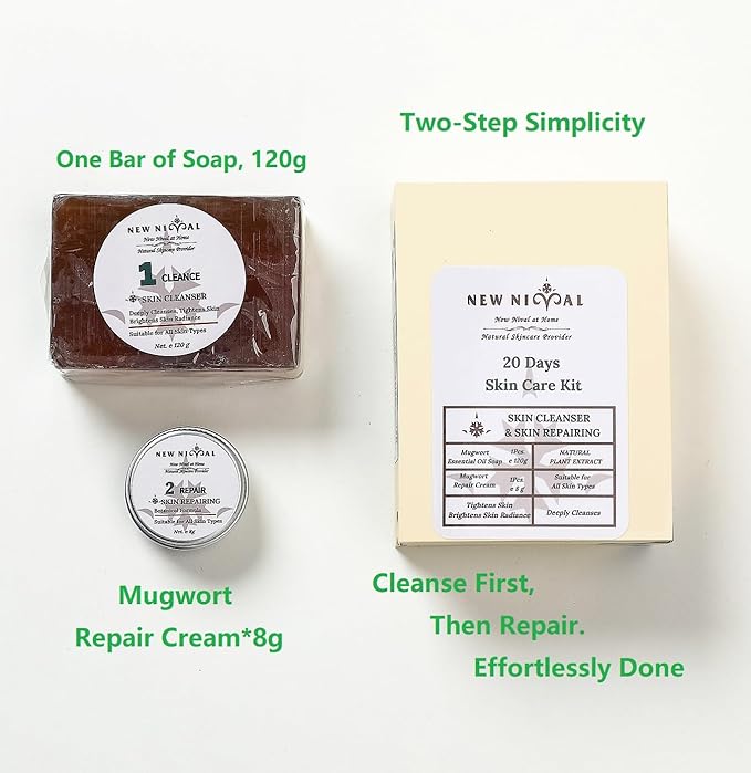 2 Step 20 Days Complete Acne Skin Care Kit.Acne Cleanser Pure Mugwort Essential Oil Soap Face Wash-Cleanse, Hydrate,Moisturize,Harmonize for Restored Skin Balance-1Pcs,120g