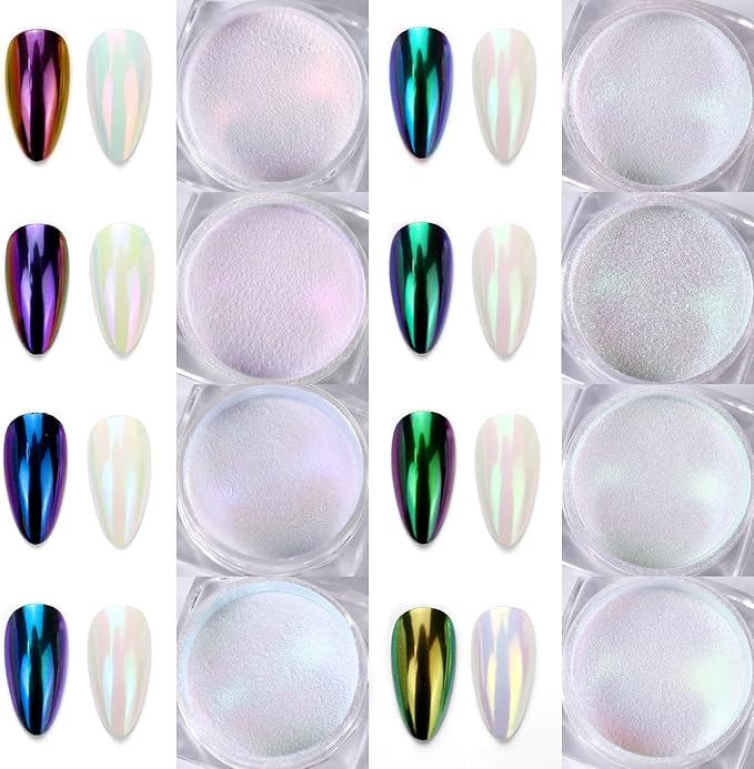Laza Chameleon Chrome Nail Powder, 8 Colors Glazed Donut Nails Metallic Mirror Effect Pigment, Iridescent Aurora Nail Glitter Holographic Dust Kit for Gel Nail Art Decoration, Gifts - Colorful Peacock