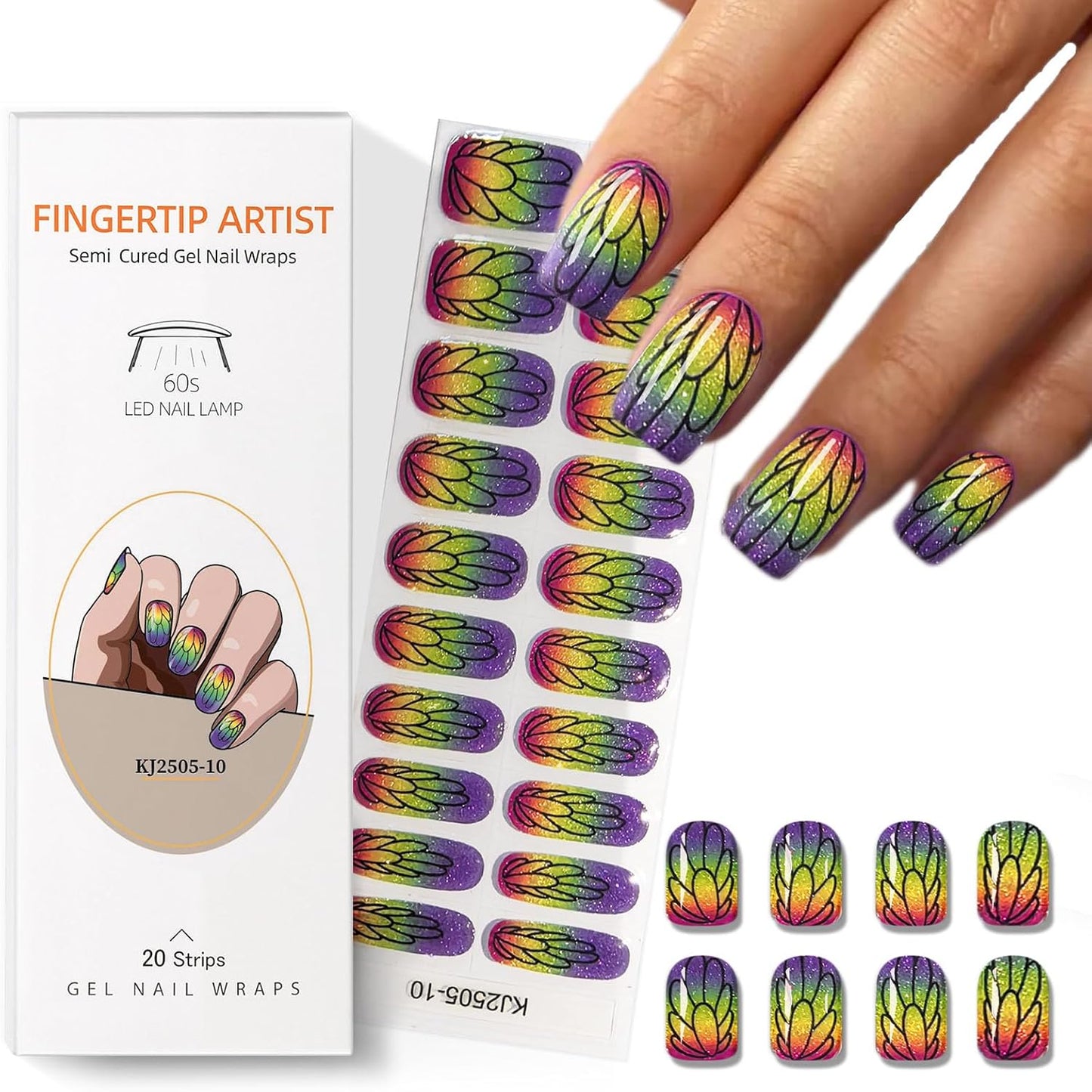 Semi Cured Gel Nail Strips with Glitter Butterfly Designs Colorful Gel nail stickers Salon Quality & Easy to Use for Women 20 Pcs