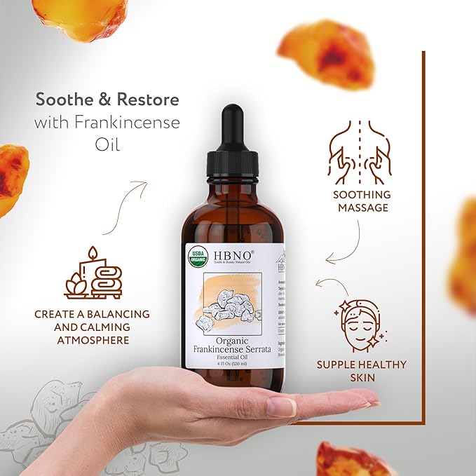 HBNO California Bottled Organic Frankincense Essential Oil 4 fl oz (120ml) - USDA Certified Oil - Organic Frankincense Essential Oil for Skin and Aromtherapy