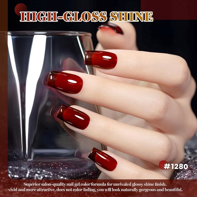 RARJSM Jelly Stained Glass Gel Nail Polish Set 6pcs Clear Amber Yellow Cherry Red Orange Olive Green Crystal Transparent Series Sheer Gel Varnish Curing Requires Soak off Home Salon French Manicure