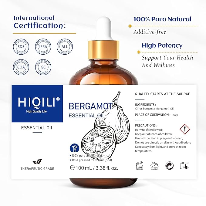 HIQILI Bergamot Essential Oil for Diffuser, Skin, Hair, DIY, 100% Pure & Natural - 3.38 Fl Oz (100 mL)