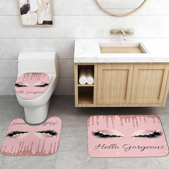 4PCS Hello Gorgeous Unicorn Eyelash Shower Curtain Set Luxury Diamond Rose Gold Glitter Eyeshadow Makeup Pink Glam Beauty Fashion Girly Women Bathroom Decor Non-slip Bath Mat Toilet Rug, Bling