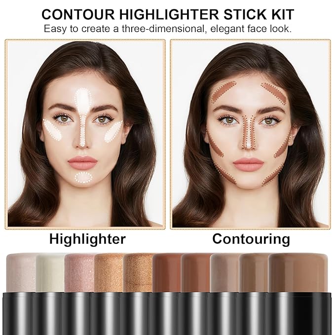 2Pcs Cream Contour Stick Makeup Kit, Cream Highlighter Stick and Bronzer Contour Stick with Longwear Waterproof Formula for Brightening and Trimming the Cheeks, Makeup Brush Include (#01, 06)