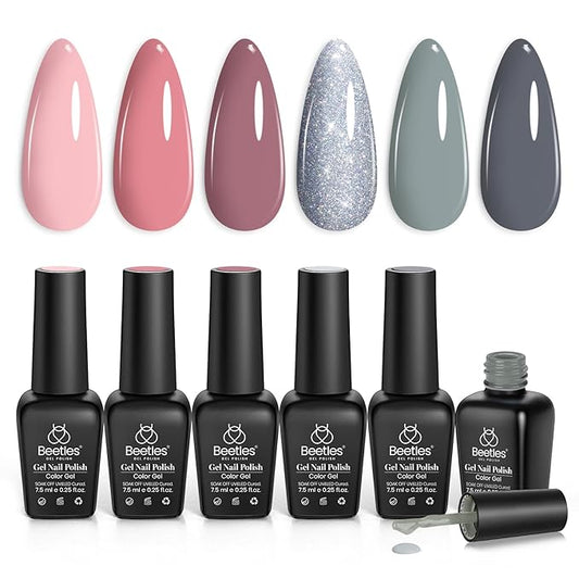 Beetles Gel Nail Polish Set 6 Colors Pink Nude Gray Glitter Gel Polish Wedding Nail Polish Bridesmaid Nail Art Design Soak Off Uv LED Lamp Needed Manicure Set Gifts for Women Bridesmaid Beauty