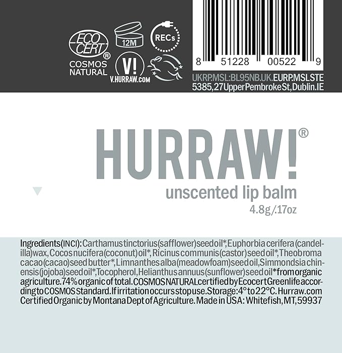 Hurraw! Unscented Lip Balm, 3 Pack: Organic, Certified Vegan, Cruelty and Gluten Free. Non-GMO, 100% Natural Ingredients. Bee, Shea, Soy and Palm Free. Made in USA