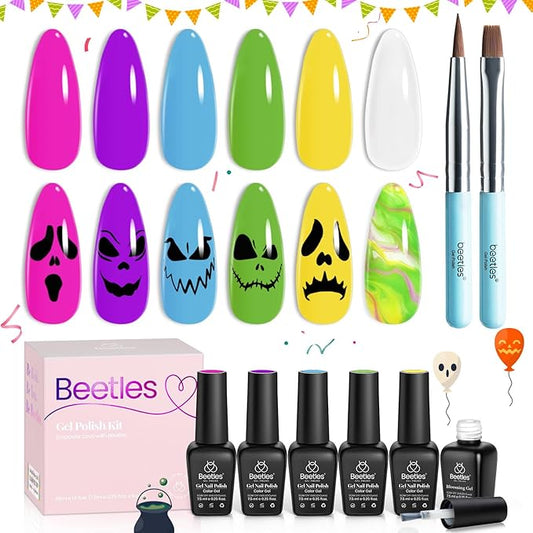 Beetles Halloween Gel Nail Polish with Blooming Gel, 5 Colors Neon Pink Green Blue Purple Yellow Nail Polish Clear Blooming Polish for Spreading Effect with 2 Nail Art Brushes Nail Art Set for Women