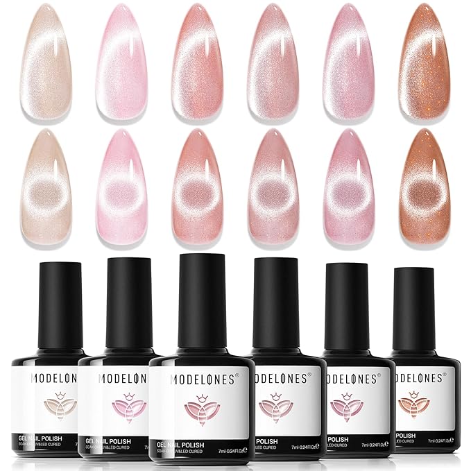 modelones Cat Eye Gel Nail Polish, 6 Colors Nude Gel Polish Pink Glitter Brown with Magnet Sparkle Galaxy Series Nail Polish Kit Soak Off Led Nail Art Manicure Salon DIY Gifts