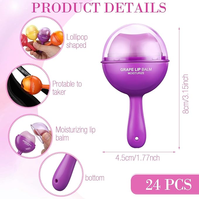 24 Pcs Lollipop Lip Balm Bulk Lip Balm Cherry Grape Orange Honey Taste Lip Balm Lip Care Gift for Women Soothing Moisturizing Lip Balms for Dry Chapped Lips Office Business Favors
