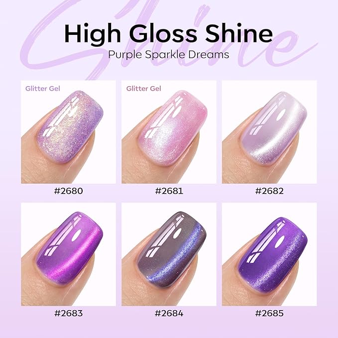modelones Cat Eye Gel Nail Polish, 6 Colors Purple Pink Glitter Gel Polish Set with Magnet Sparkle Galaxy Series Nail Polish Kit Soak Off Led Nail Art Manicure Salon DIY Gifts