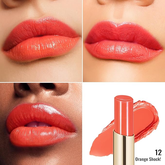 Oulac Moisturizing Shine Orange Red Lipstick for Women - 2 in 1 Orange Red Glossy Tinted Lip Balm, Hydrating Winter Lipstick for Dry Lips,Shine Juicy Finish Vegan 2.2g/0.07oz (12)