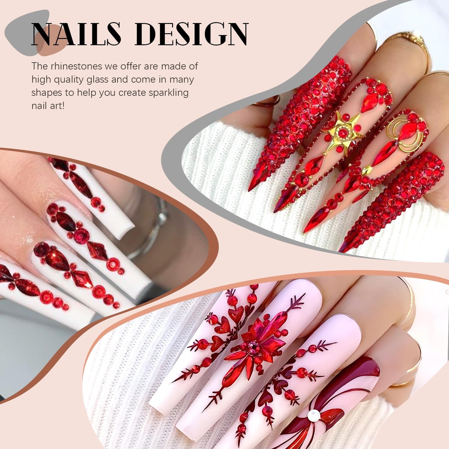 1680Pcs Red Glass Nail Rhinestones 180Pcs Multi Shapes Flatback Nail Gems + 1500Pcs 1.5-4mm Round Crystal with Rhinestones Glue Gel, Manicure Nail Charms Diamond Gemstones for Nail Art