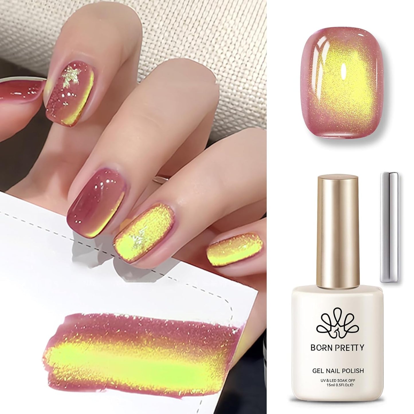 BORN PRETTY Cat Magnetic Eye Gel Nail Polish,Gradient from Yellow to Purple Magnetic Gel Polish Passion Fruit Cat Magnetic Eye Gel Manicure Nail Art DIY 15ml