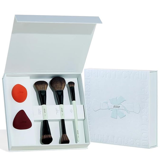 Jessup Face Makeup Brushes with Makeup Sponge, 3pcs Double Ended Makeup Brush for Foundation Contour Blush Highlight and Concealer Brush, Premium Synthetic Brush Set with Gift Box, T510