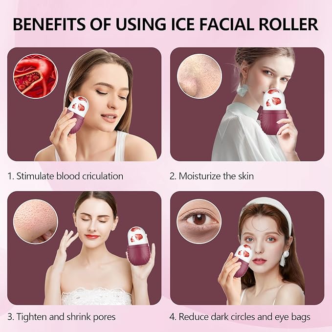 2pcs Ice Roller for Face and Eye, Silicone Ice Facial Roller Ice Holder, Face Ice Mold Skin Care, Face Icers Reusable Ice Cube Roller for Shrink Pores Anti Wrinkle Reduce Puffiness, Pink Rose